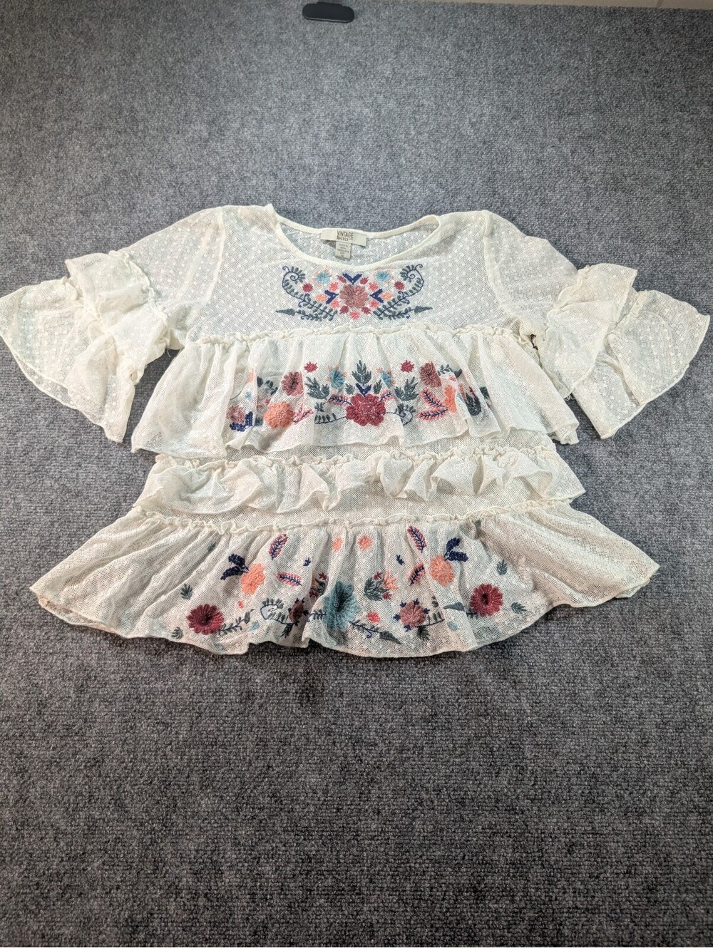 Vintage America Women's Medium White Blouse Embroidered Lace Boho Cottagecore